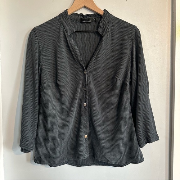 Cut Loose 3/4 Sleeve Striped Button Down Top, Size M, Dark Blue Gray - Picture 1 of 7